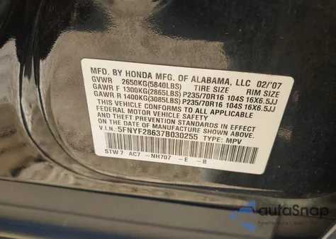 2007 Honda Pilot Ex-L from USA, damaged, VIN 5FNYF28637B030255